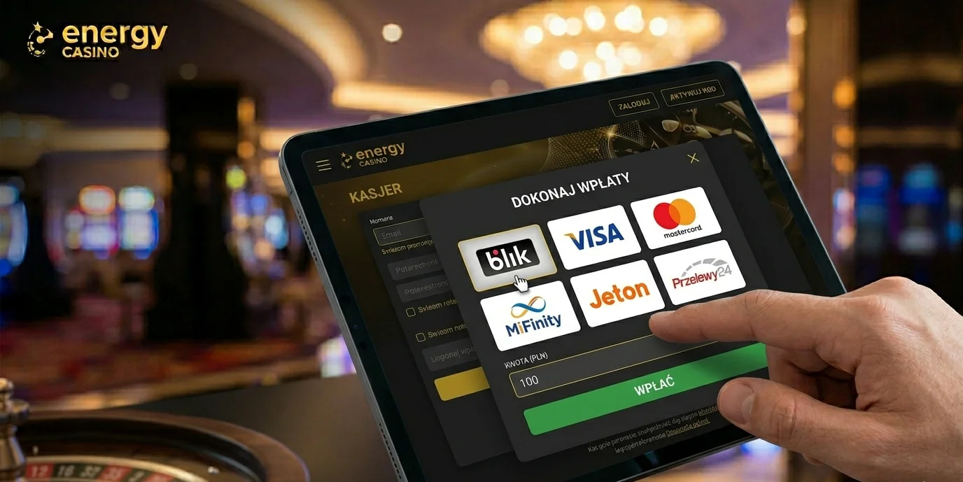 Strona kasowa Energy Casino z metodami płatności: BLIK, Visa, Mastercard
